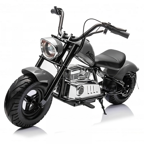 Motociclete electrice - Motocicleta pentru copii Kinderauto Old School, 300W, 24V, cadru otel, roti moi gonflabile, bluetooth, scaun tapitat, gri