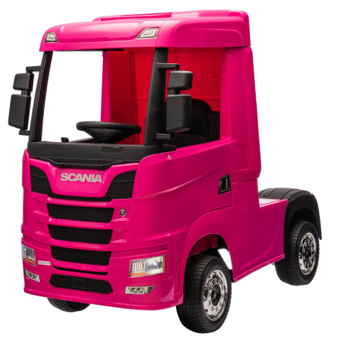 Masinute electrice - SCANIA R-SERIES, camion electric pentru copii, tractiune 4x4, 180W, 12V 14Ah, roti moi, scaun tapitat, echipare Premium, roz