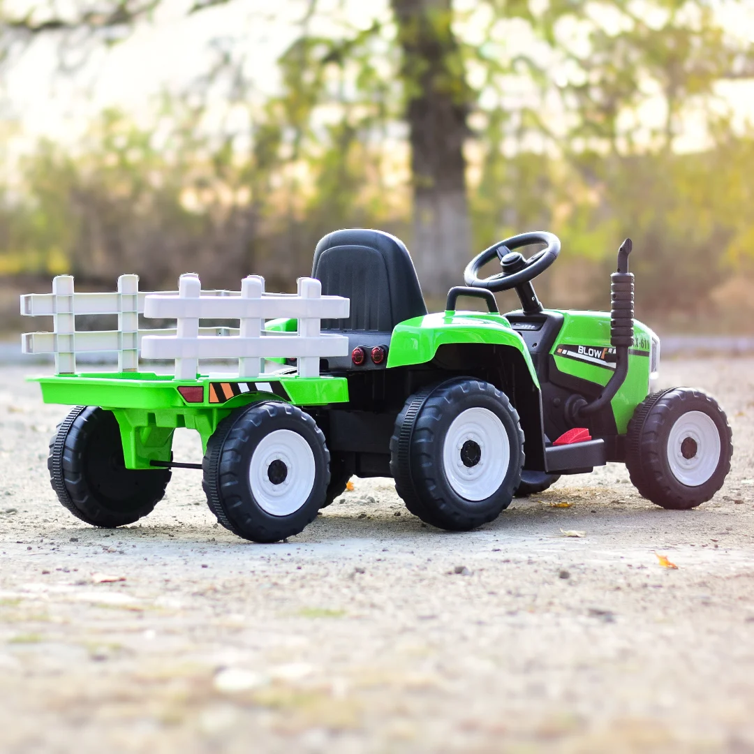 Tractoras electric Kinderauto BJ-611 70W 12V cu remorca si telecomanda #Verde [4]