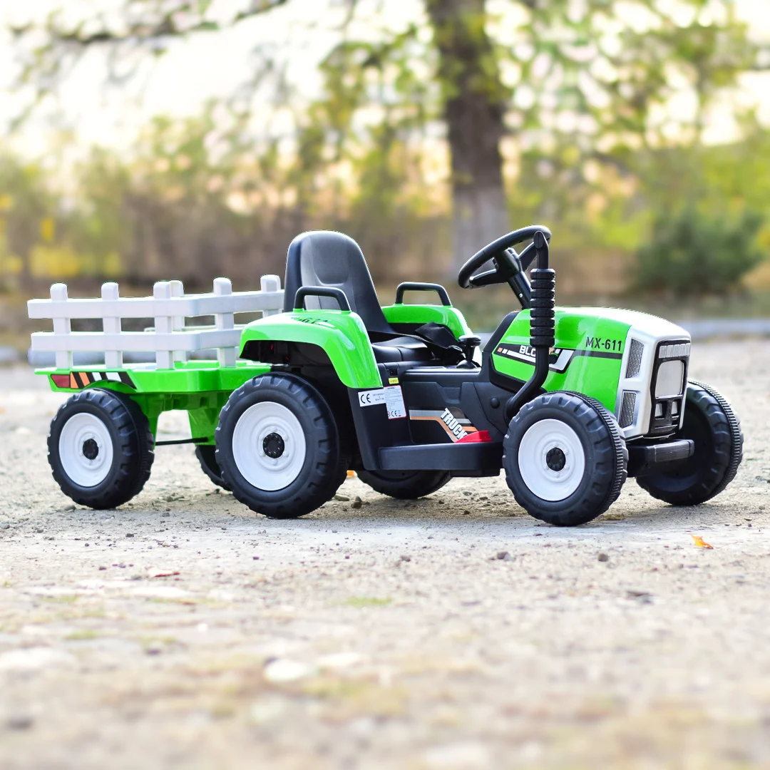 Tractoras electric Kinderauto BJ-611 70W 12V cu remorca si telecomanda #Verde [10]