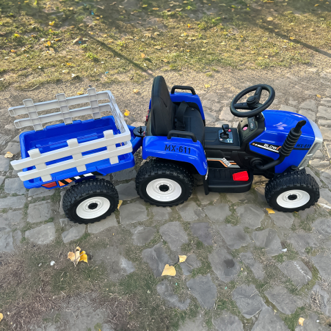 Tractoras electric pentru copii, Kinderauto BJ-611, 70W, 12V, echipare, PREMIUM cu remorca si telecomanda, albastru [5]