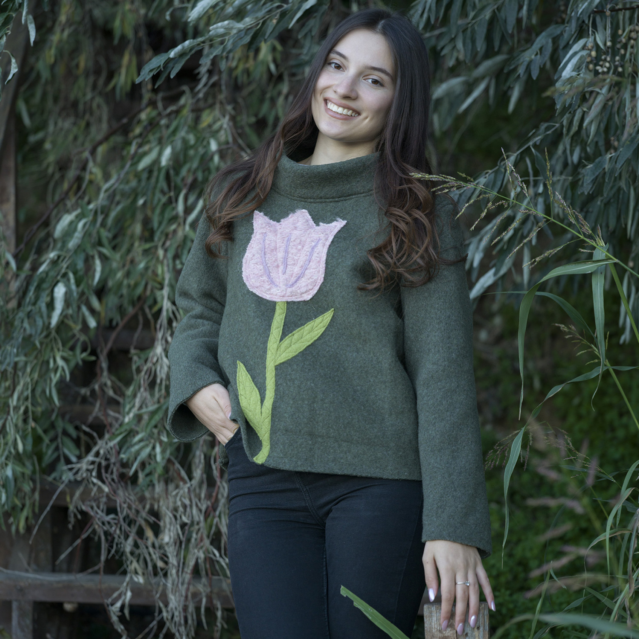 Bluza lână, kaki, model Serenity, maneci lungi, guler inalt [5]