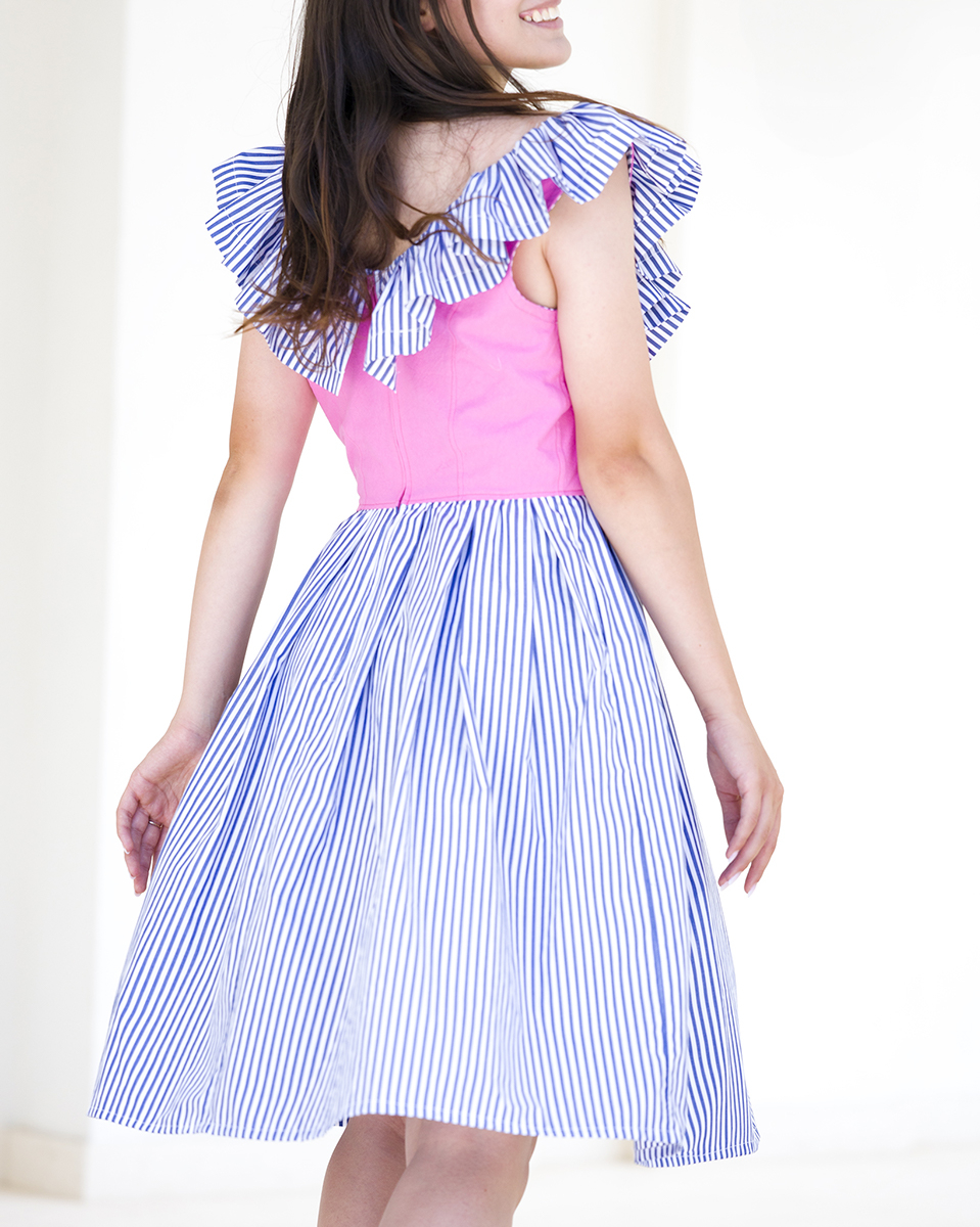Rochie femei, cu volane,fusta in cute, cu buzunare, decolteu in V, midi [2]