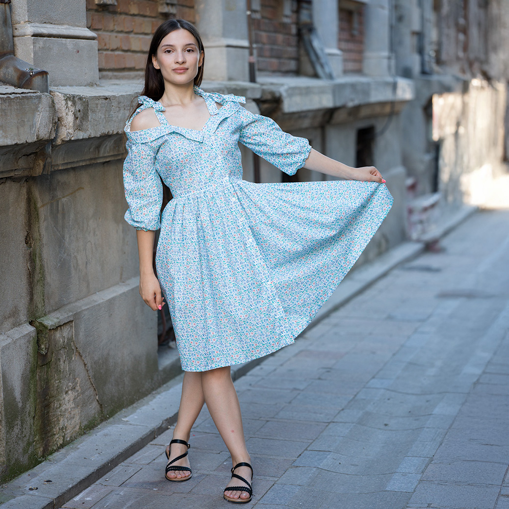 Rochie Sea Lover, din bumbac, petrecuta, inchidere cu nasturi, umeri goi [4]