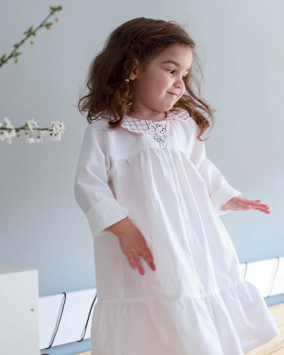 Rochiță elegantă bebeluși, Pure, guler delicat, broderie iepuras [2]