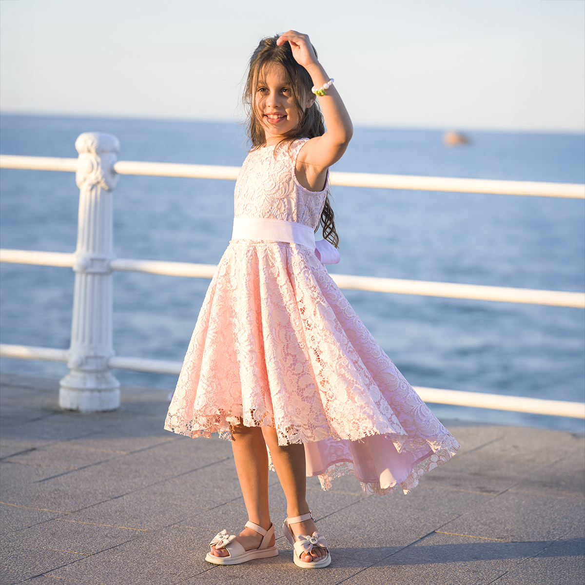 Rochie fete, culoare roz, eleganta, fustita asimetrica [5]