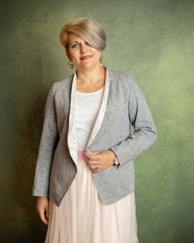 Femei - Blazer reversibil, o parte gri, o parte alba cu model, croiala lejera, maneca lunga