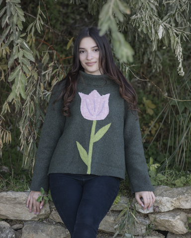 Femei - Bluza lână, kaki, model Serenity, maneci lungi, guler inalt