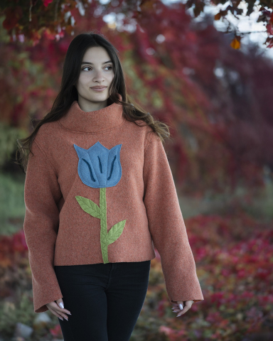 Bluze - Bluza lână damă, roscat, model Serenity, maneci lungi, guler inalt