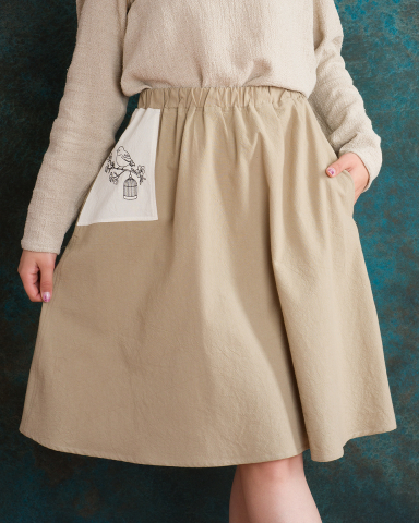 Fusta midi, culoare bej, cu buzunare, talie pe elastic, croi in forma de A [2]