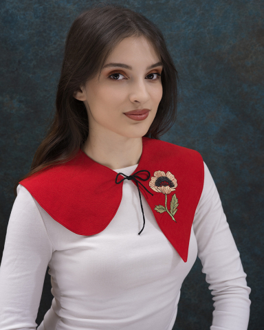 Guler detasabil - Guler detasabil, asimetric, brodat cu floare, material din bumbac, rosu