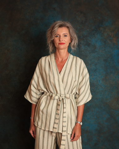 Bluze - Kimono dama, din in cu dungi, crem cu olive