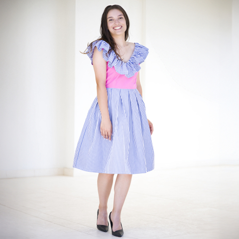 Rochie femei, cu volane,fusta in cute, cu buzunare, decolteu in V, midi [3]