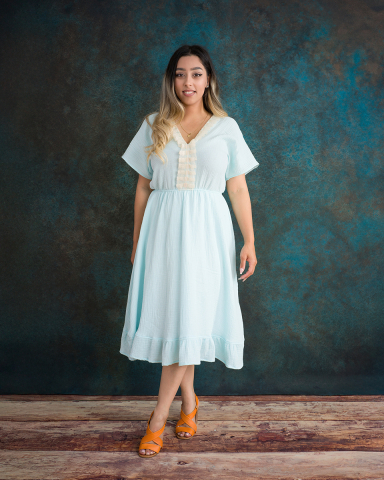 Rochii - Rochie midi, din muselina bleu, decoletu in forma de V, talie pe elastic