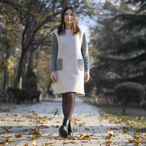 Rochie lungă damă din lână , cu buzunare și mâneci lungi, buzunare aplicate, culoare gri [3]