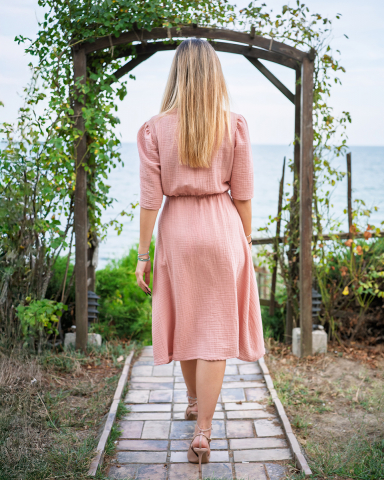 Rochie femei, eleganta, midi, din muselina, culoare roz pamantiu, parte peste parte [2]