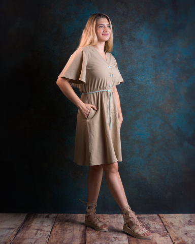 Rochie Clara, rochie lungime medie, maneci clopot, elastic in talie, buzunare [2]