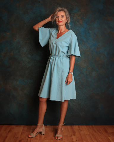 Rochii - Rochie cu decolteu in v, bleu, casual, lungime deasupra genunchiului, maneci largi, decoletu in v, cu elastic in talie