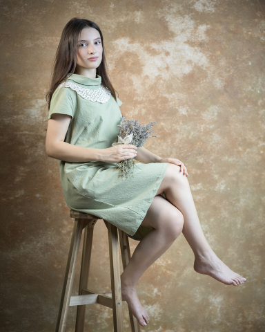 Rochie femei, tunică elegantă, cu guler înalt, din pânză topită, Delicate, cu guler din broderie [1]