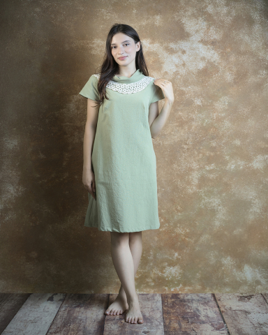 Rochii - Rochie femei, tunică elegantă, cu guler înalt, din pânză topită, Delicate, cu guler din broderie