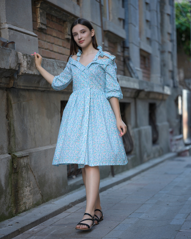 Rochii - Rochie Sea Lover, din bumbac, petrecuta, inchidere cu nasturi, umeri goi