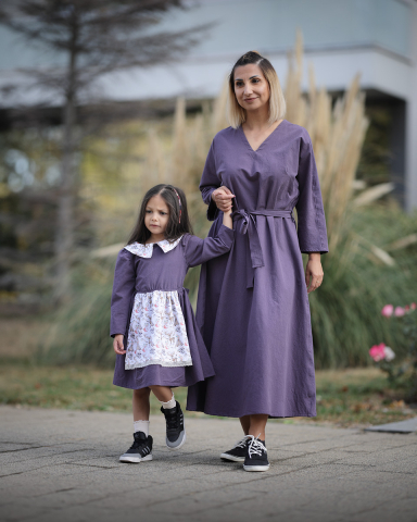 Colectia Matchy Matchy - Rochii mamă fiica, mov, midi, maneca lunga, croiala lejera