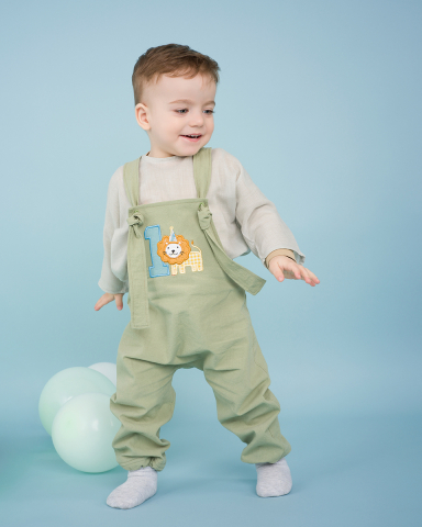 Salopeta eleganta bebe, fara maneci, verde, broderie aniversare 1 an, cu leut | Kitisimo