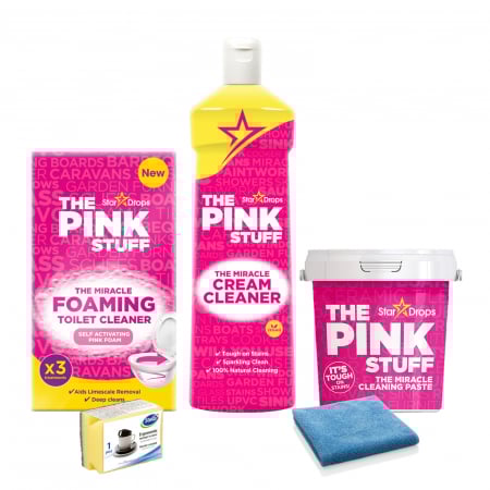 Detergenti universali - Pachet Curatenie Eficienta The Pink Stuff, Crema de curatare 500 ml, Pasta Curatare 850 g, Pudra Spumanta 300g, Laveta si Burete