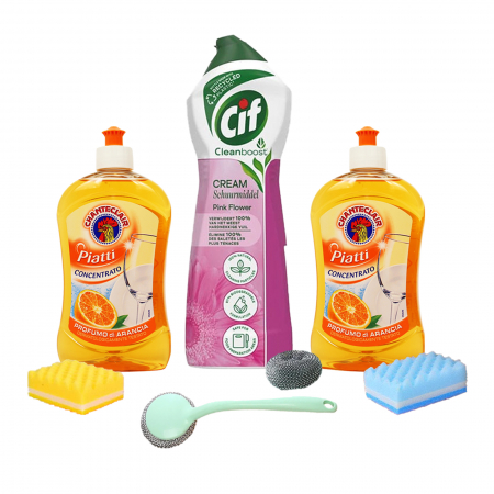 Detergenti Vase - Pachet Eficient de Curatat Vase Chante Clair, Crema CIF si Accesorii Utile