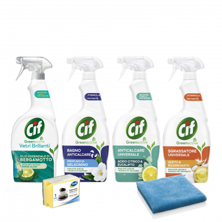 Produse Curatenie & Intretinere - Set 6 produse pentru curatenie. Cif Vetri 650ml, Cif Anticalcare 650ml, Cif Bagno 650ml, Cif Sgrassatore + Laveta Microfibra si Burete