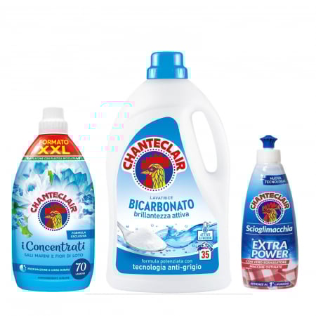 Detergent Lichid - Set ChanteClair pentru Ingrijirea Perfecta a Rufelor, Solutie Curatare Pete 375 ml, Detergent Rufe cu Bicarbonat, 1575 ml, 35 Spalari, Balsam Rufe Sali Marini e Fior di Loto, 1.4 L, 70 Spalari
