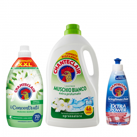 Detergent Lichid - Set ChanteClair pentru Ingrijirea Perfecta a Rufelor, Balsam Rufe Muschio Bianco, 1.4 L, 70 Spalari, Detergent Lichid Muschio Bianco, 2070 ml, 46 Spalari, Solutie Curatare Pete  375 ml
