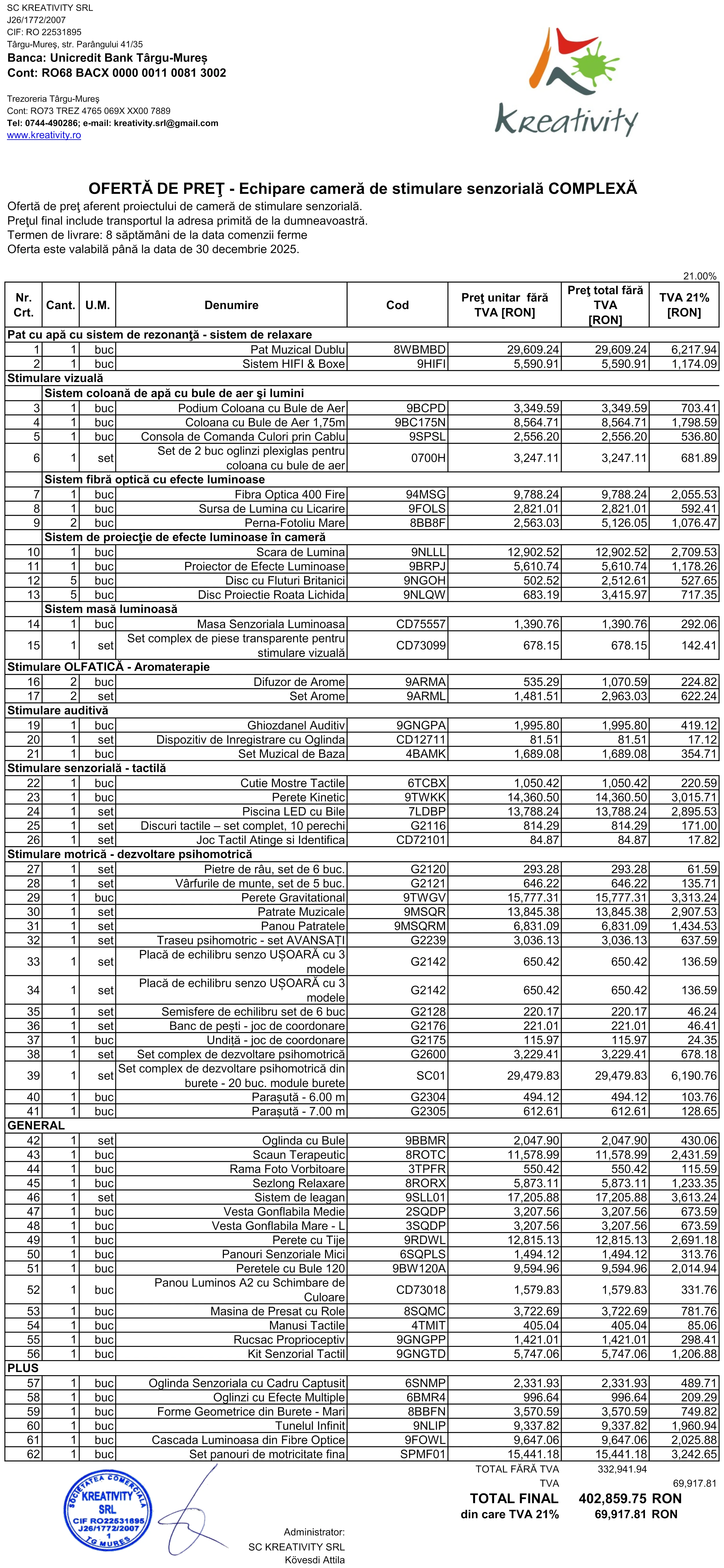 Camera Senzoriala COMPLEXA Amenajare camera senzoriala COMPLEXA