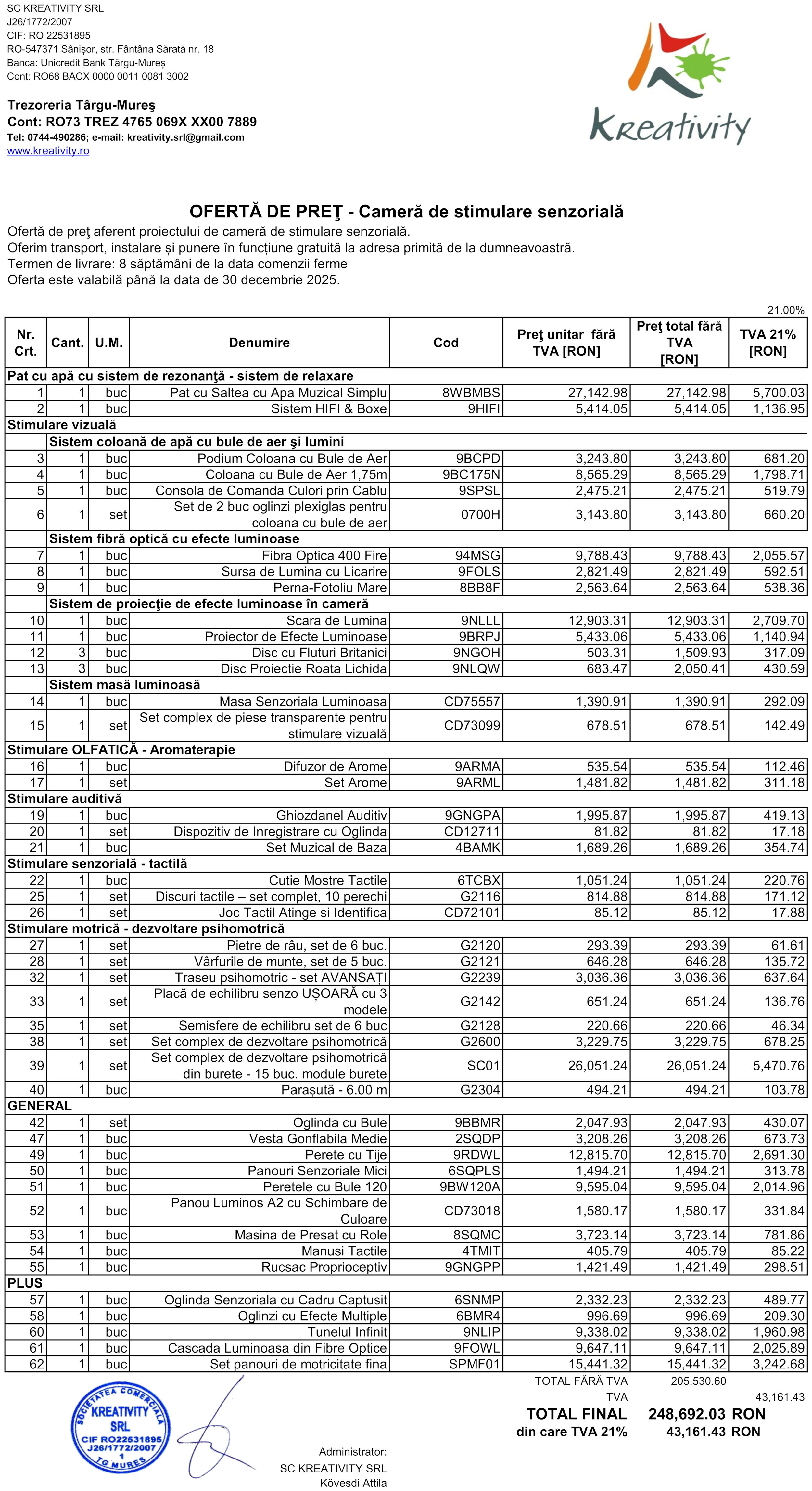 Amenajare camera senzoriala MEDIU