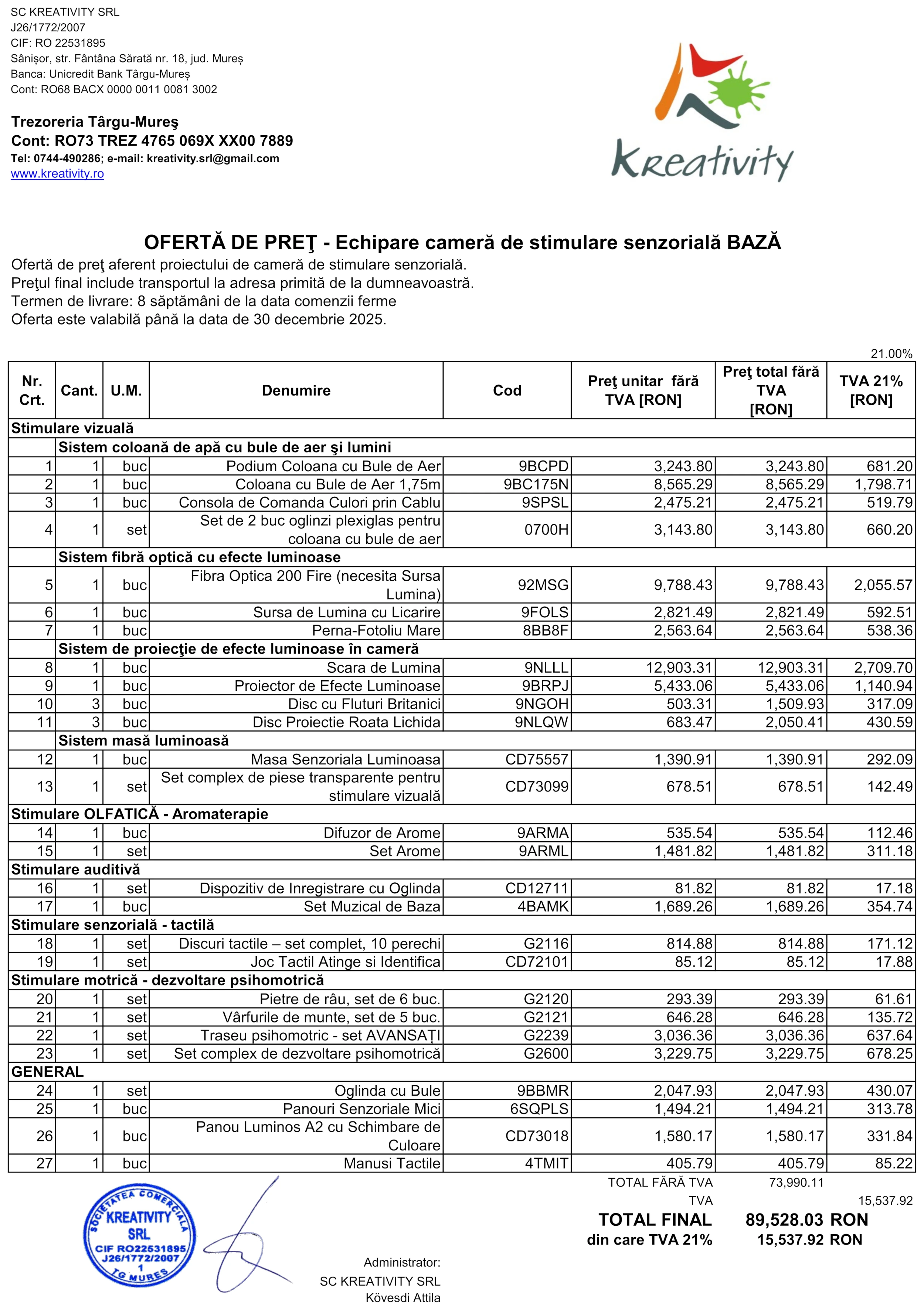 Camera senzoriala BAZA Amenajare camera senzoriala BAZA