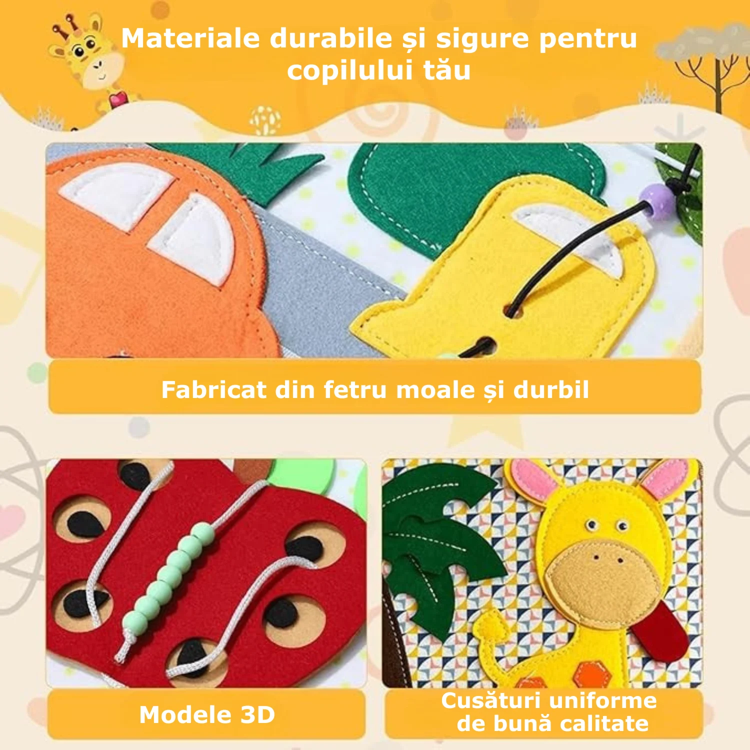 Carte educativă Montessori din textil cu activități senzoriale - Girafa [2]