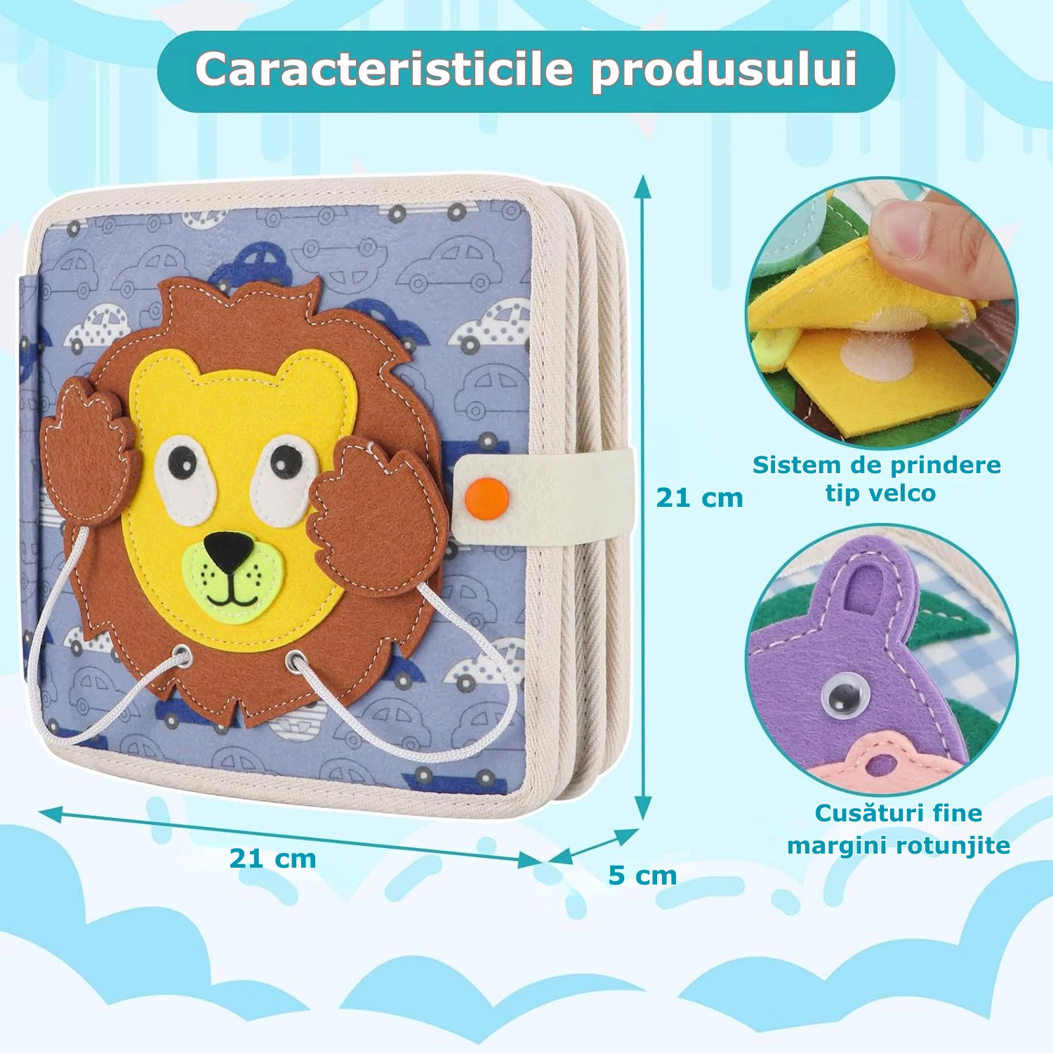 Carte educativă Montessori din textil cu activități senzoriale - Leu [8]