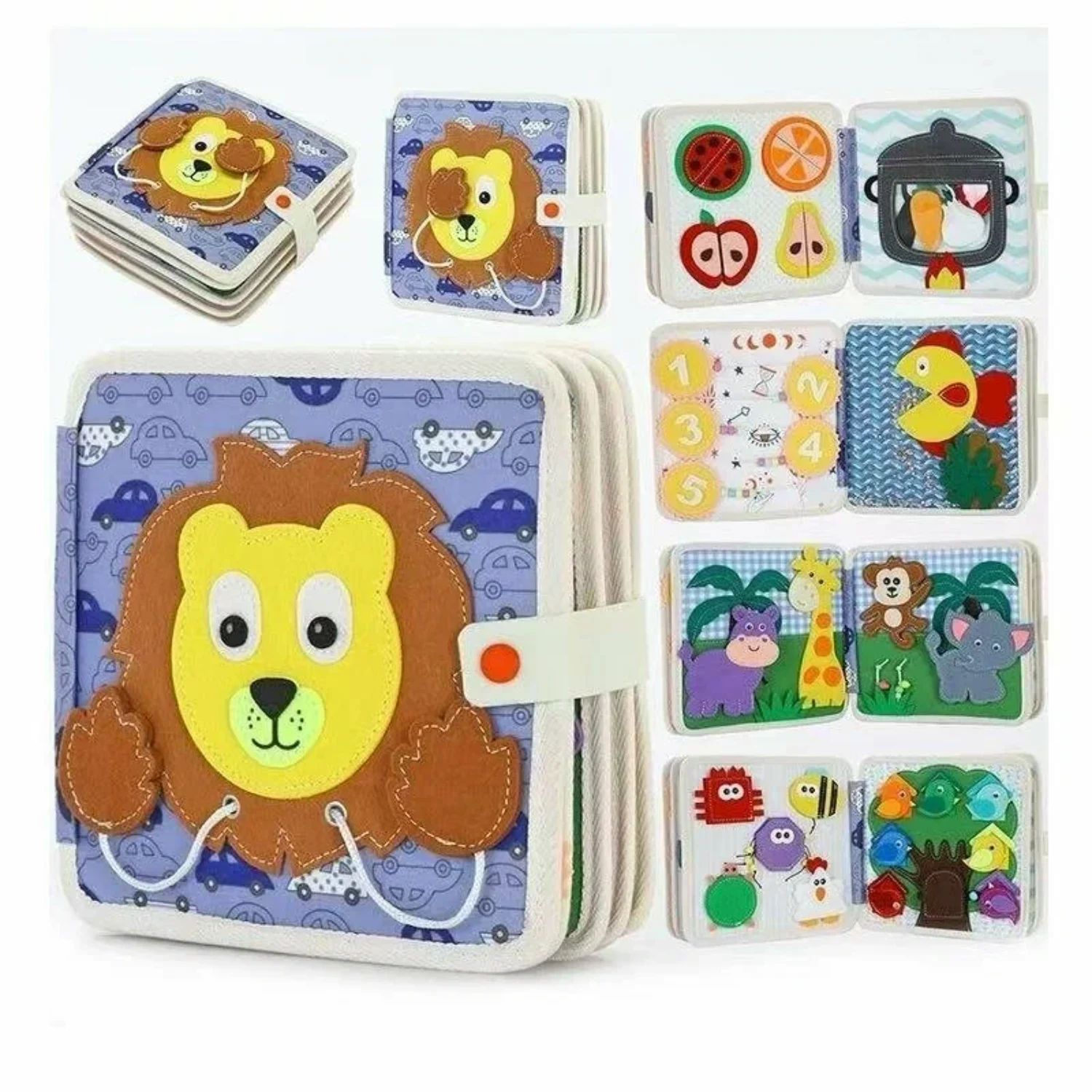 Montessori - Carte educativă Montessori din textil cu activități senzoriale - Leu