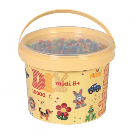 Mărgele MIDI în găleată - Găleată cu 10000 mărgele de călcat Hama midi mix de 6 culori transparente cu sclipici (mix-54)