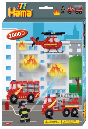 Seturi MIDI in cutie - Set de 2000 buc mărgele de călcat Hama Midi cu 1 planșetă în cutie de cadou cu agățător Pompierii, dimensiuni cutie cu agățător 25,5 x 17 x 3 cm.