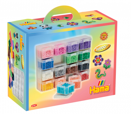 Seturi MIDI in cutie - Set de 16000 mărgele Hama midi și raft cu 16 sertare pentru depozitare