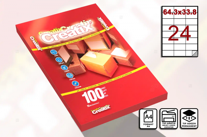 Etichete autocolante A4, 24 etichete / coala A4, 64.3 x 33.8 mm [2]