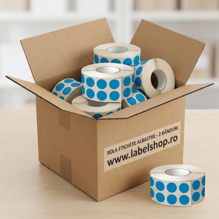 Etichete colorate, rotunde, diametru 10mm, albastre, 2 etichete / rand, 4330 buc/rola [2]