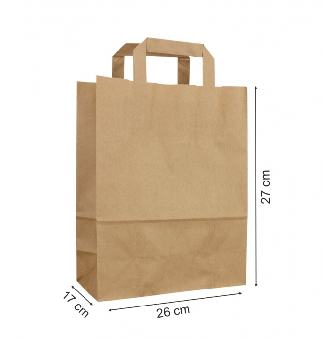 Pungi din hartie reciclata 70g, cu maner banda, 26+17 x 27 cm