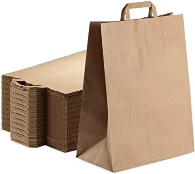 Pungi hartie cu maner banda, 32+22 x 32 cm, hartie natur 70g, set 100 buc