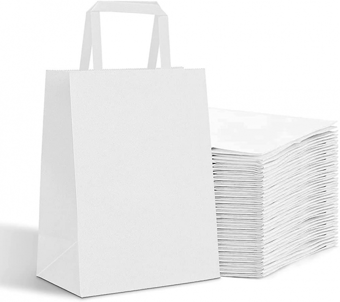 Sacose hartie cu maner banda, 32+22 x 31 cm, hartie alba 80g, set 100 bucati