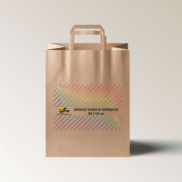 Pungi hartie personalizate cu maner banda, imprimare fata, 22+10 x 28 cm, hartie natur reciclata 70g [2]