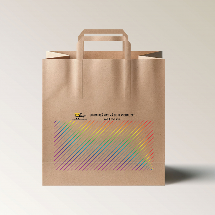 Pungi hartie personalizate cu maner banda, imprimare fata, 32+21 x 33 cm, hartie natur 80g [2]