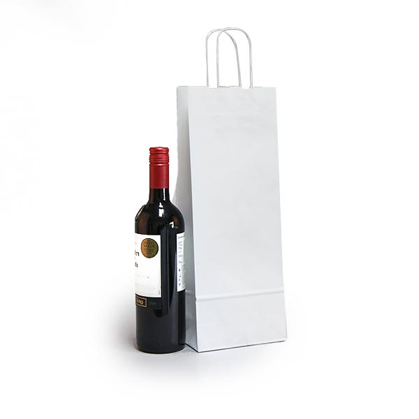 Pungi pentru sticle de vin, maner rasucit, 140+80 x 390mm, hartie alba, set 100 bucati