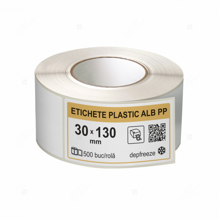 Rola etichete autoadezive plastic, BOPP alb, 30x130 mm, adeziv deepfreeze, 500 etichete rola